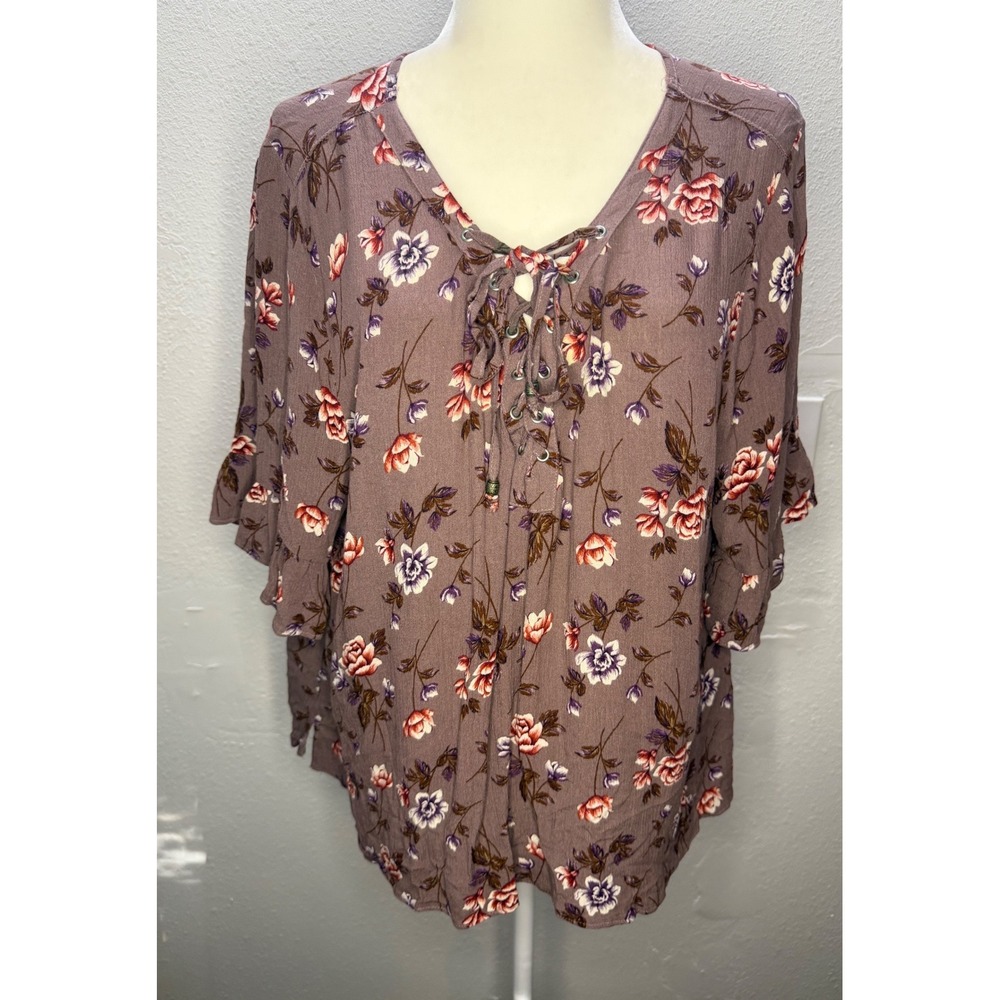 American Eagle Blouse Women XL Purple‎ Floral Lace Up Ruffle Boho Peasant